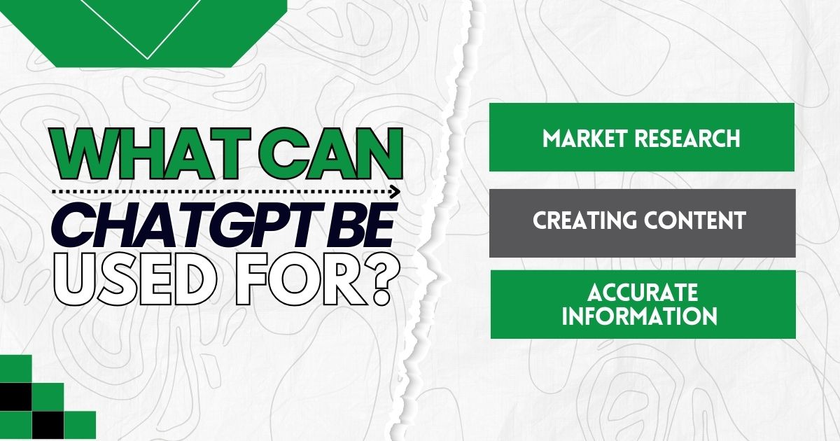 Graphic listing ways to use ChatGPT, including market research, content creation, and information.