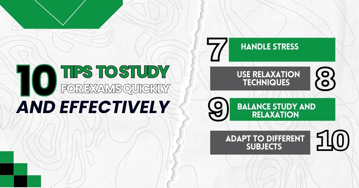 10 study tips for exams, focusing on handling stress, relaxation, and balancing study.