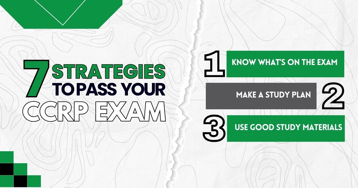 Graphic showing 7 strategies to pass the CCRP exam with key study tips.